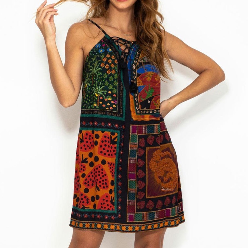 FARM Rio Black Multi-Color Patchwork Mini Dress